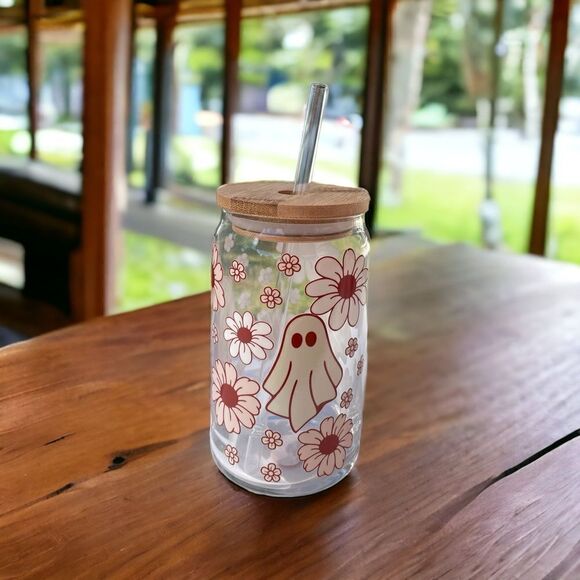 Floral Boho Halloween Cup, Ghost Floral Cup, Halloween Cup with Lid and Straw - Picture 1 of 1